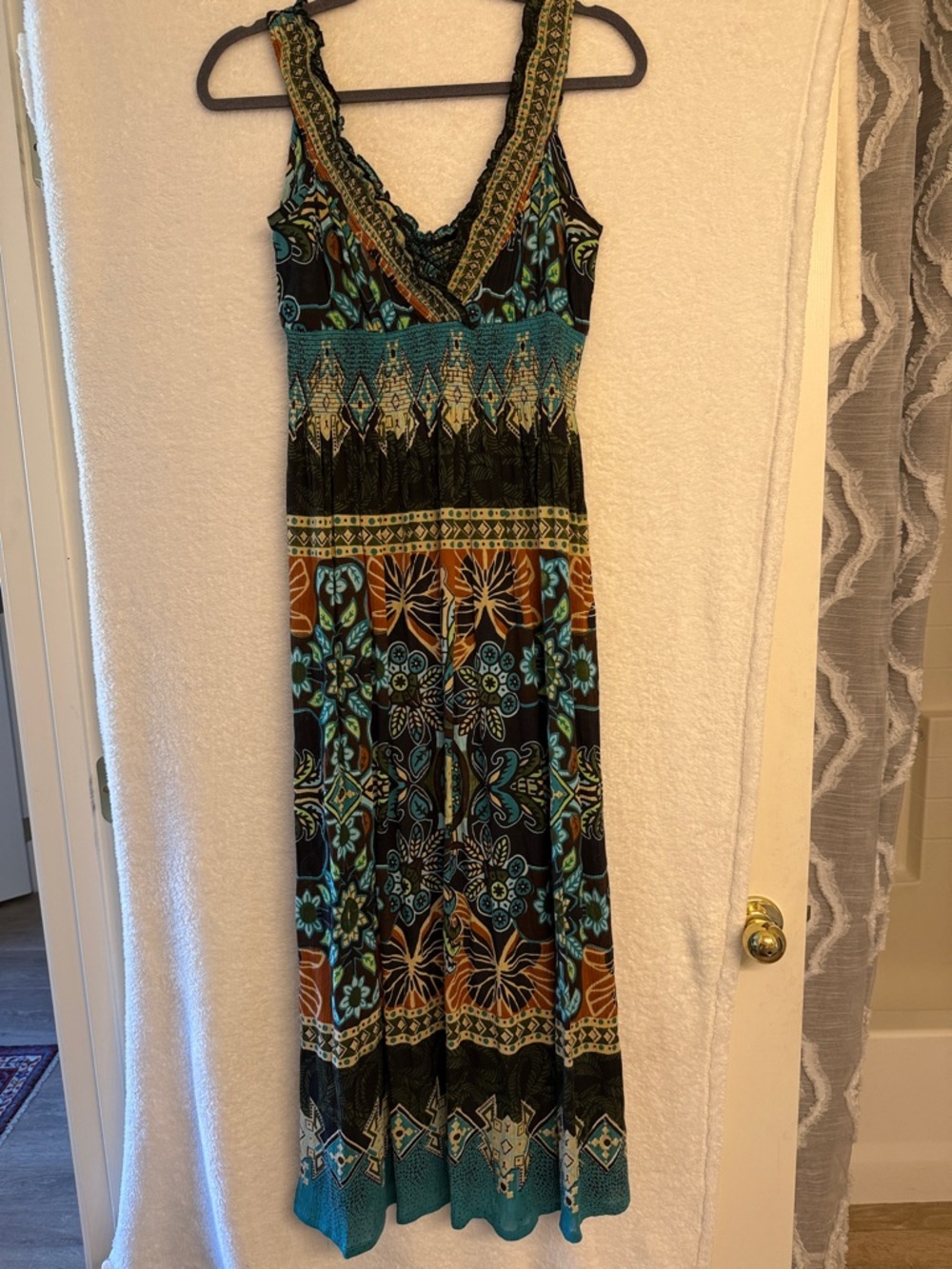 Bila Teal, Black & Brown Printed Maxi Dress with crinkle top and smocked waist